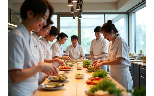 開放的でモダンな調理スペース、生徒たちが和やかに料理する様子