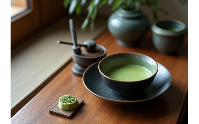 抹茶を点てるための茶道具が置かれた静かな茶室風コーナー