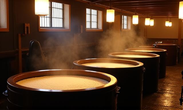 日本の伝統的な酒蔵で、発酵中の日本酒